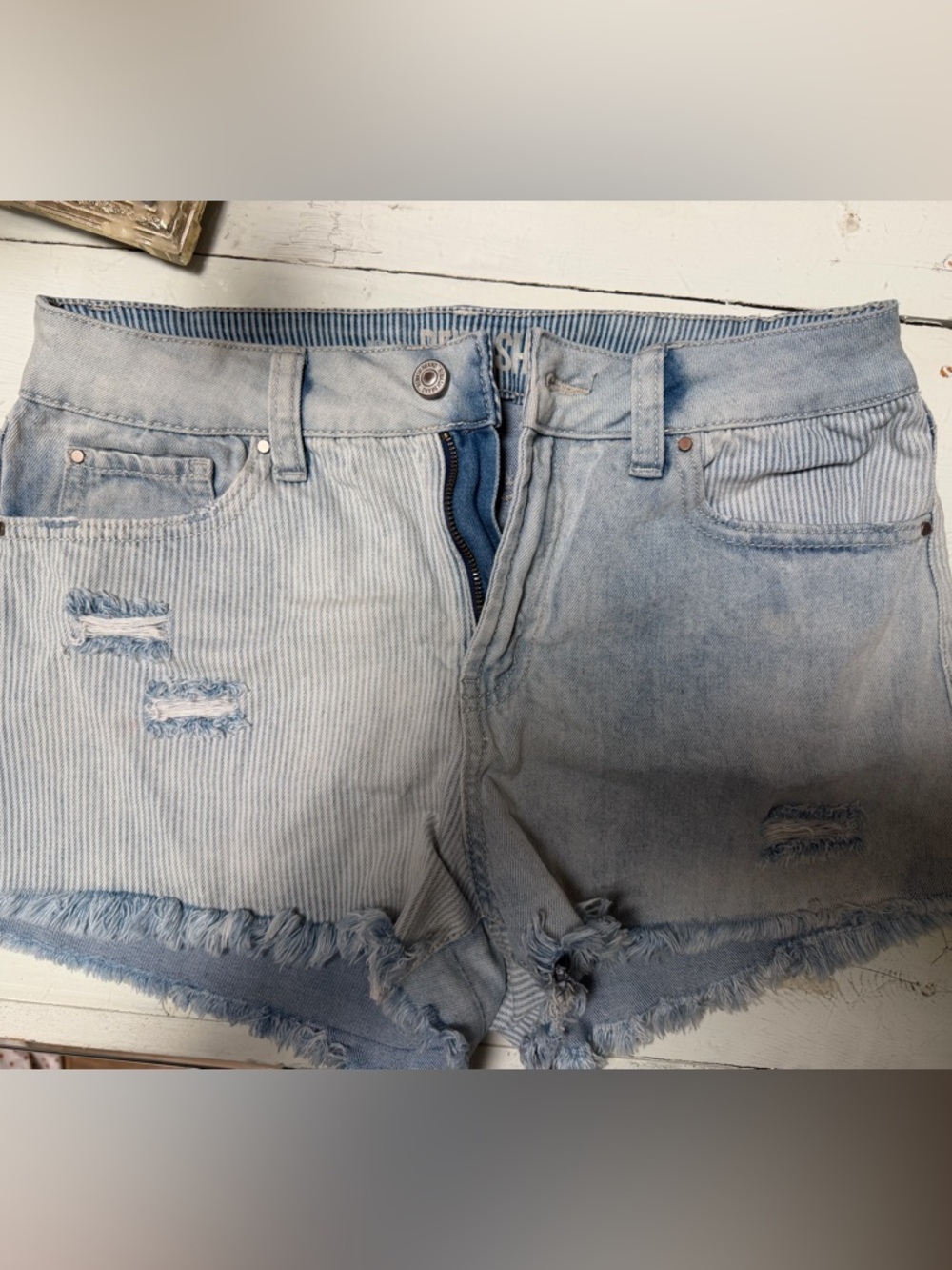Light Blue Denim Shorts - Women Juniors - half vertical stripes pattern size 9